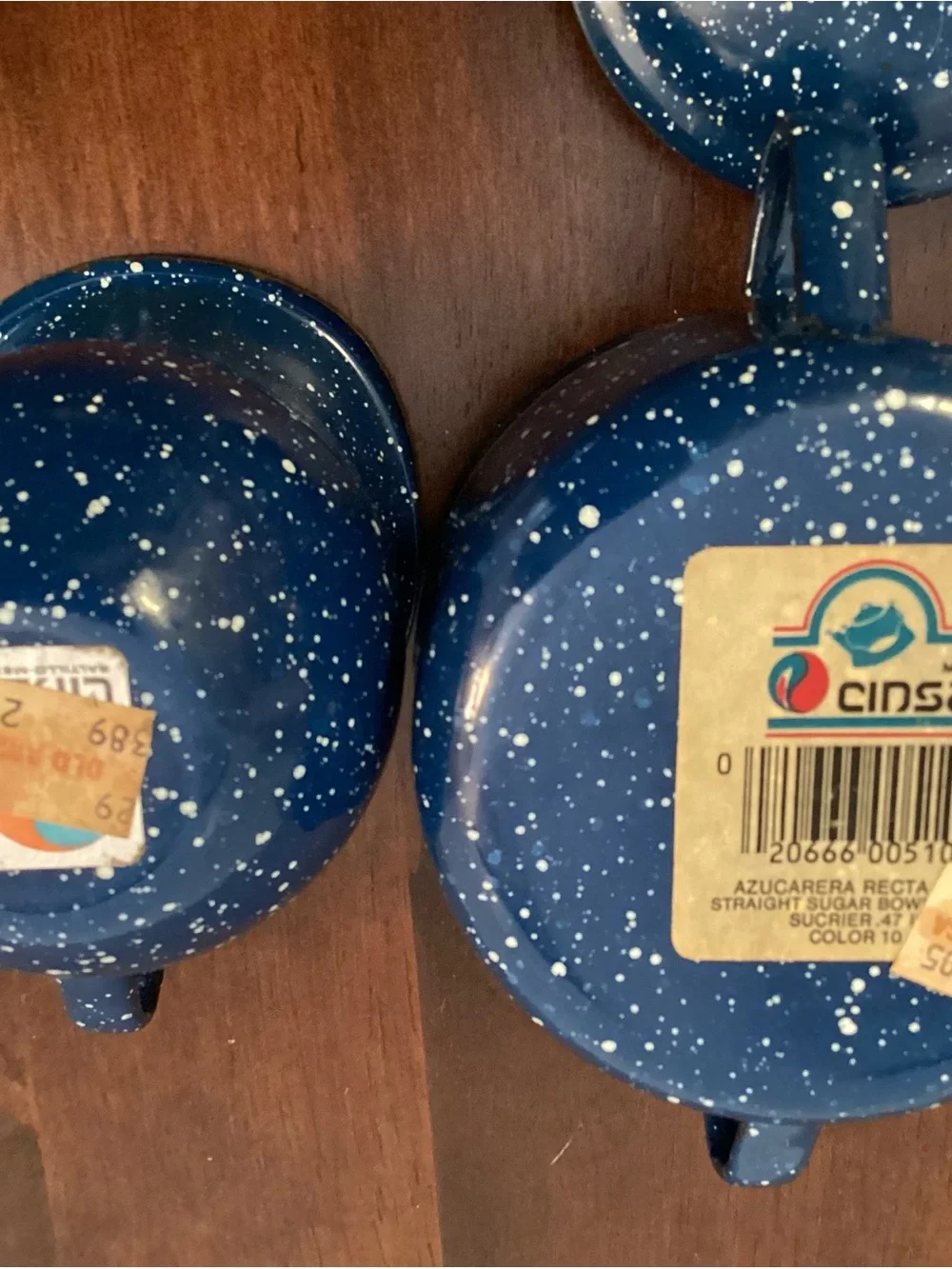 Vtg Blue Speckled Enamelware Sugar & Creamer Set